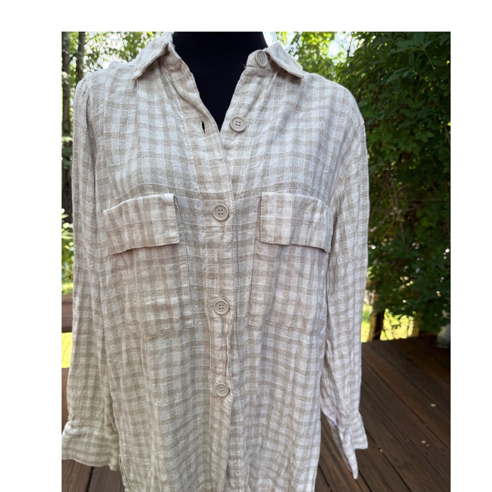 Max Studio London Linen Blend Ging Button Down Shirt Beige White Large